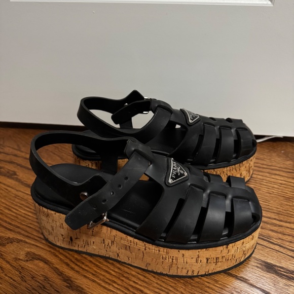 Prada Prada Black Rubber Monolith Platform Cork Sandals - Picture 5 of 12